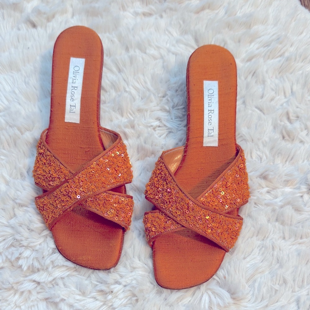 Vintage Olivia Rose Tal Vibrant Orange Sequin Sandals with Kitten Heel